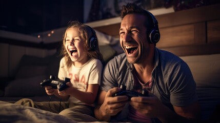 father and daughter laugh and play video games together using a video game console- generative AI, fiction Person