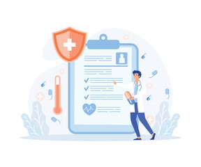 EHR or Electronic health record, tablet with patient health status and history file. E-health system for data and information, flat vector modern illustration