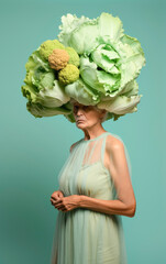 Elderly woman wearing lettuce headgear. Healthy eating, longevity background. Ai generated image