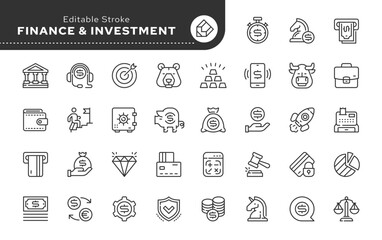 Finance, investments and business. Contour linear web line icons. Money, bank payment and financial infographics. Vector set