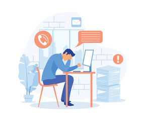 Stress in the office. Tired and exasperated office worker is grabbed his head among piles of papers and documents.  flat vector modern illustration