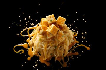 Top view Asian noodles with cheese tofu photography generative ai