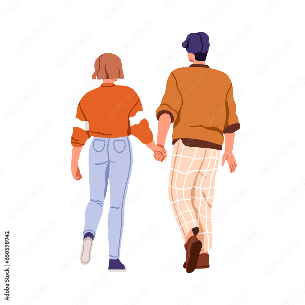 Canvas Prints Love couple walking together, holding hands, back view. Young man and woman going away, strolling from behind. Romantic people, lovers. Flat graphic vector illustration isolated on white background