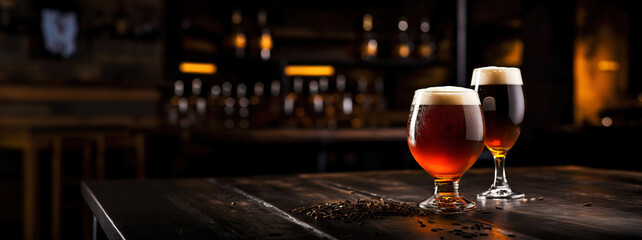 Snifter glass of light beer on bar table in a dark pub with copy space. Generative AI