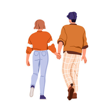 Love Couple Walking Together, Holding Hands, Back View. Young Man And Woman Going Away, Strolling From Behind. Romantic People, Lovers. Flat Graphic Vector Illustration Isolated On White Background