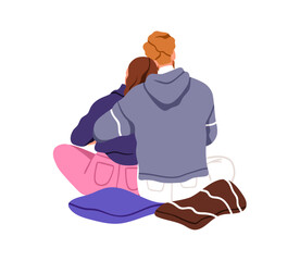 Love couple back view, sitting and hugging. Young man and woman embracing, cuddling from behind. Valentines, lovers in romantic relationships. Flat vector illustration isolated on white background