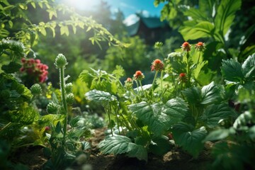 Close up of strawberry plants growing in the garden on a sunny day. Selective focus. 
Beautiful flowers and plants in the garden at sunset. Nature background.  