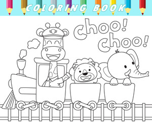 Coloring book of cute animals on steam train. Vector cartoon illustration © Bhonard21