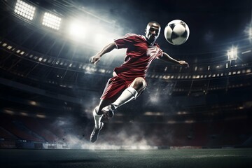 Fußballspieler im Stadion schießt Ball, dynamische Spielszene, erstellt mit generativer KI - obrazy, fototapety, plakaty