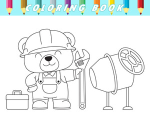 Coloring book of cute bear in worker uniform holding big wrench with concrete mixer and toolbox. Vector cartoon illustration