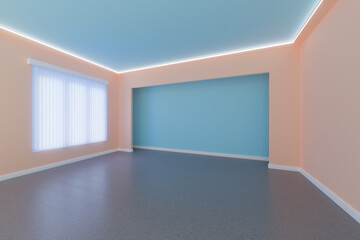 3d render with empty office interior. Room with big window and hidden shelves area. - 650599978