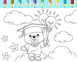 Coloring book of cute teddy bear in graduation gown floating on sky with lightbulb. Vector cartoon illustration