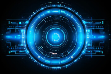 Abstract futuristic object . HUD elemet . 3D hologram display consist of glowing particles and blurred circles . Nanotechnology machine