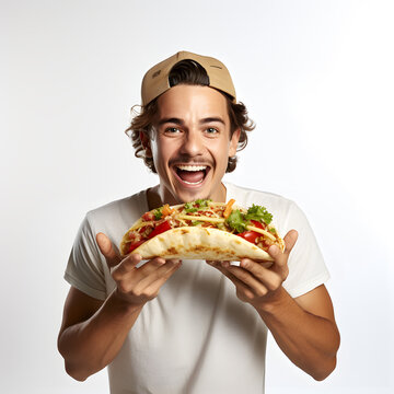 Portrait of a man holding a large delicious taco on isolated white background, Eating tacos, Traditional Mexican street food, Generative AI 