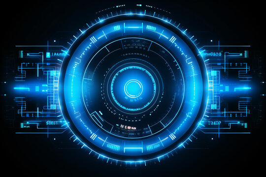 Abstract futuristic object . HUD elemet . 3D hologram display consist of glowing particles and blurred circles . Nanotechnology machine