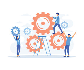 mechanism teamwork. Man and woman business organization with circle gear, flat vector modern illustration