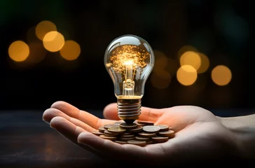 Foto auf Alu-Dibond Idea Currency: Hand Holding Lightbulb with Coins © czphoto
