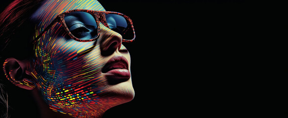 fashion portrait of beautiful woman in sunglasses on dark background, panoramic layout. Generative Ai