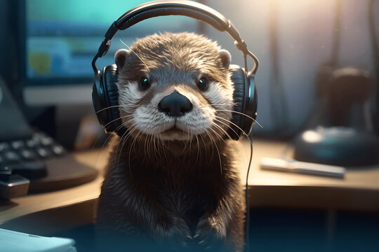 Cute otter listen to music using headphones Created with Generative AI