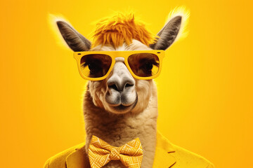 trendy llama in sunglasses over yellow background. Generative Ai