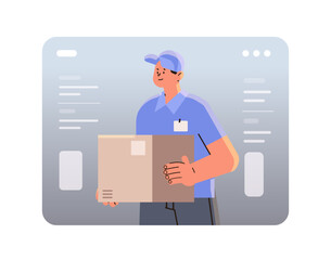 deliveryman holding cardboard box courier carrying parcel express delivery service happy labor day celebration concept