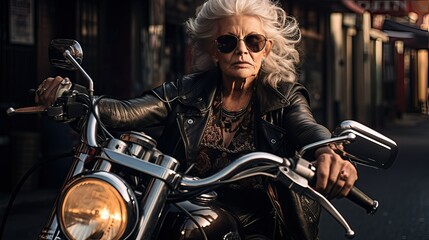old biker lady with her custom motorcycle