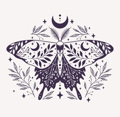 Vector illustration with purple moon moth. Abstract mystic sign. For you design, tattoo or magic craft.