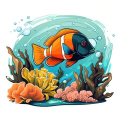 Fototapeta na wymiar Cute Fish darts through the coral reef in cartoon style isolated on a white background
