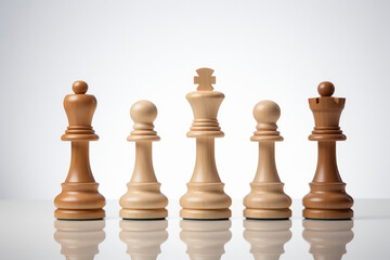 Chess pieces in row on white background.