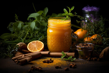 Fototapeta premium Fresh lemon drink in glass with green leaves