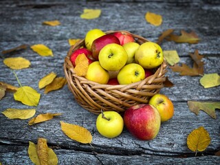 Red and yellow apples in a wooden basket placed on a table decorated with colorful autumn leaves