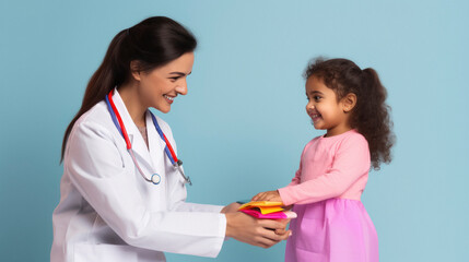 Female pediatricians with little girl child.