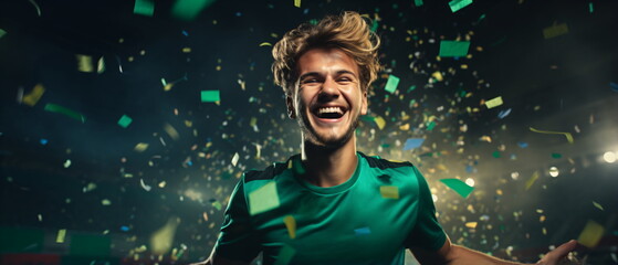 Winner! Portrait of a happy male soccer sport player in green jersey celebrating winning with gold confetti falling. Excited sports fans wearing green clothes celebrating the victory. Generative ai