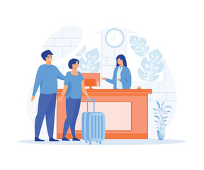 Hotel reception, traveler people standing at desk in office lobby room, guests talking with receptionist, registration,  flat vector modern illustration