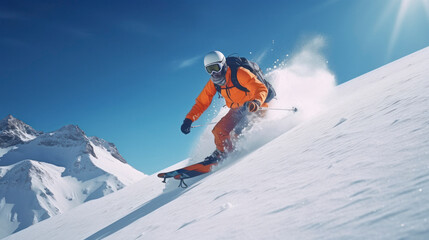 Naklejka na ściany i meble Skier skiing on a sunny day in high mountains.