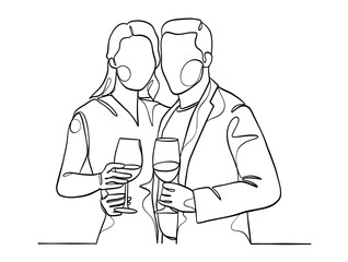 Continuous one line drawing of happy couple cheering glasses of wine. Vector illustration.