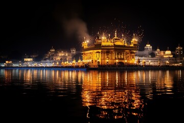 Fototapeta na wymiar Golden temple consecrated by fireworks