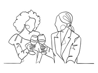Continuous one line drawing of happy couple cheering glasses of wine. Vector illustration.