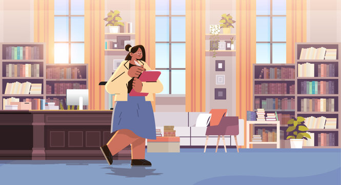 woman teacher reading books in library happy labor day celebration concept horizontal