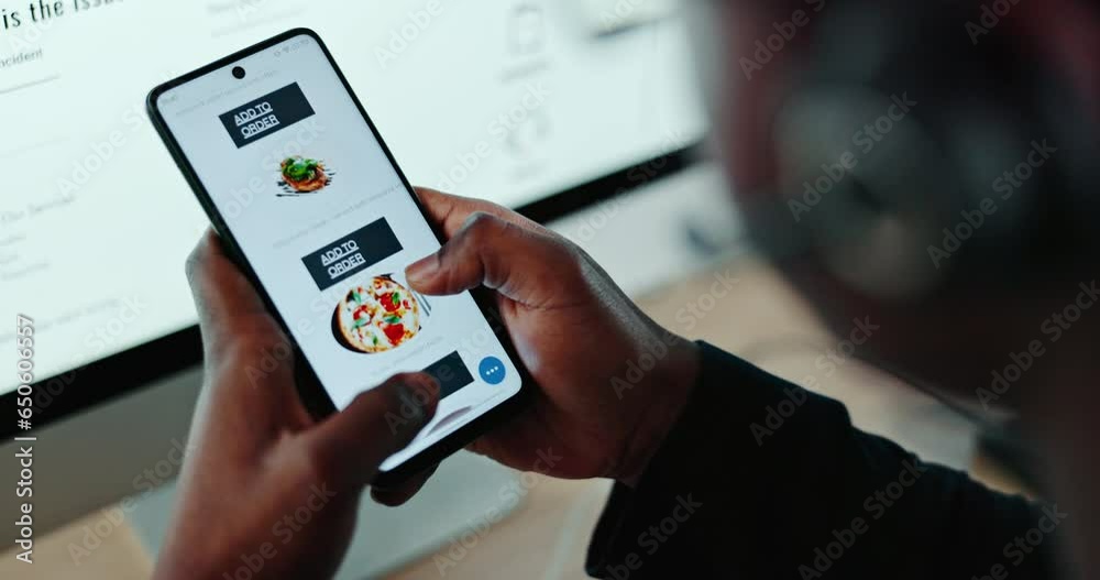 Aufkleber person, hands and phone screen for food delivery at call center, online shopping and lunch choice in