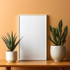 A living room with an empty white photo frame mockup