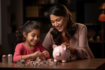 Indian woman with her little daughter counting money. saving concept