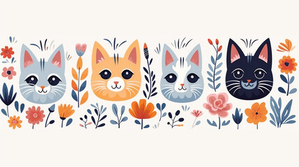 Cute wild Cat patterns collection with flowers decorative abstract on white background