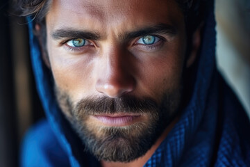 Close-Up Aufnahme eines Mannes mit braunen Haaren, Bart und blauen Augen
