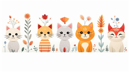 Cute Cat patterns collection with flowers decorative abstract on white background