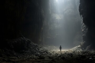 Man stands in the depths of a crevice. The sun light from above falls and illuminates him
