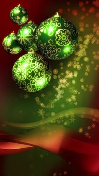 Christmas background loop with copy space. Vertical video.  Decorations and snowflakes. Red and green.