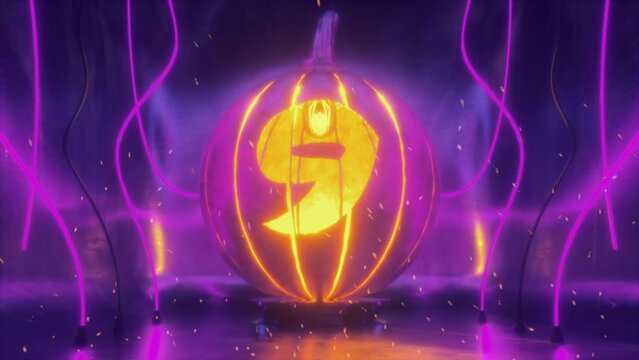Number 9 Cut in Halloween Pumpkin Lamp of Hammered Metal In Neon light and Fire Sparkles. 4K Dark Futuristic Scene for Learnings Digits, Numbers and Count.