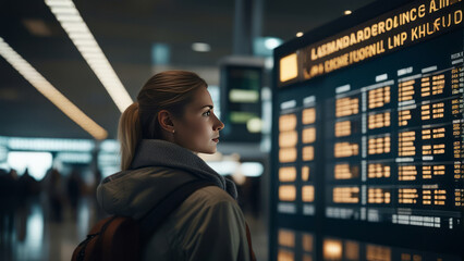 A young woman at an international airport looks at the flight information board and checks her fligh