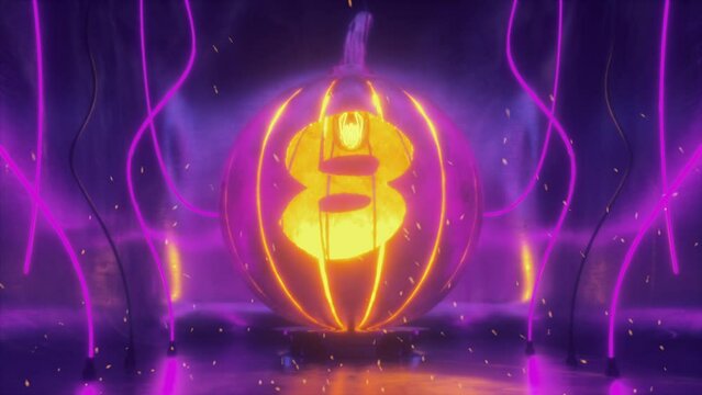 Number 8 Cut in Halloween Pumpkin Lamp of Hammered Metal In Neon light and Fire Sparkles. 4K Dark Futuristic Scene for Learnings Digits, Numbers and Count.